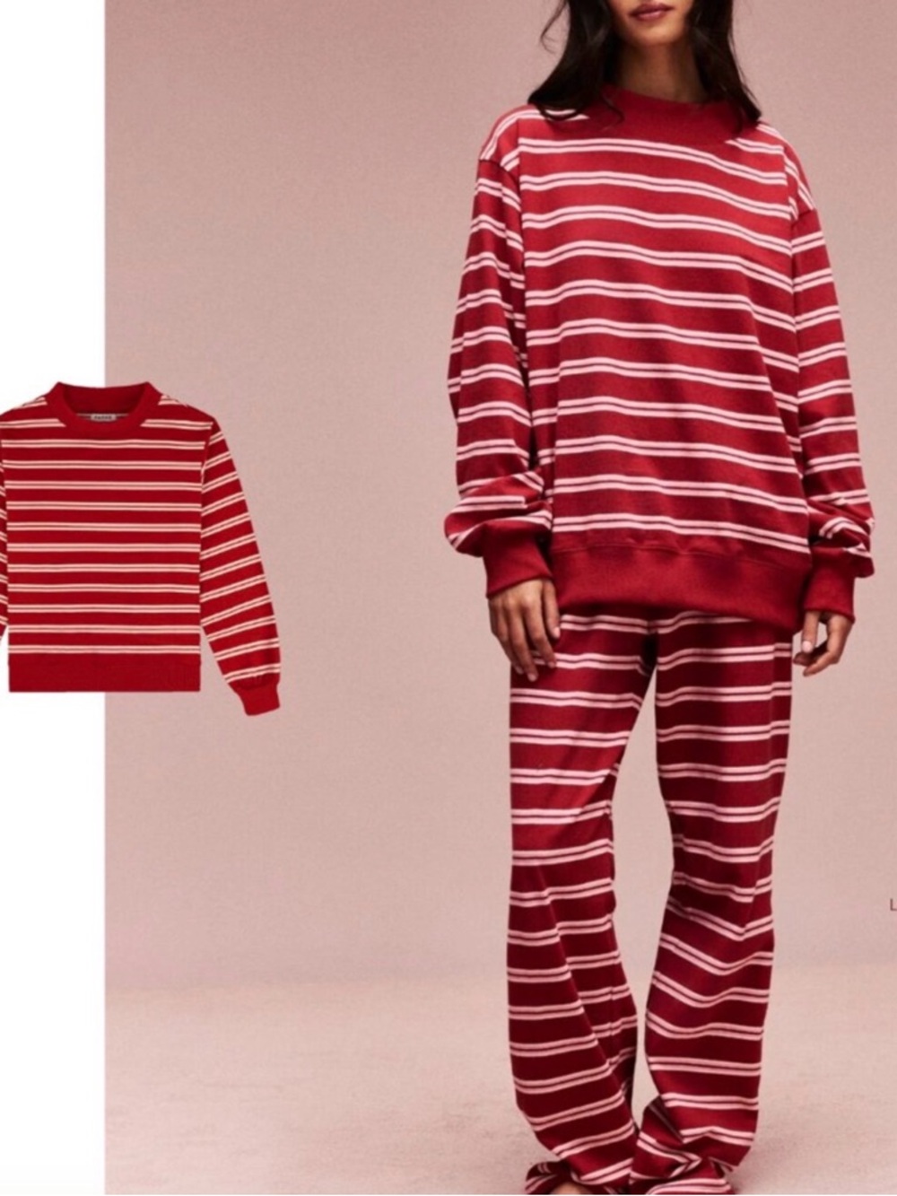 Striped Red & White Oversized Sweatshirt - Women's Cozy Pullover - Picture 2 of 7